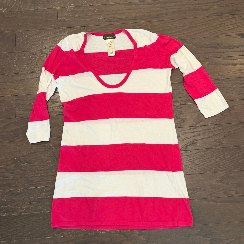 Tommy Bahama Pink White Striped Scoop Neck 3/4 Sleeve Knit Top TSW30300C Small
